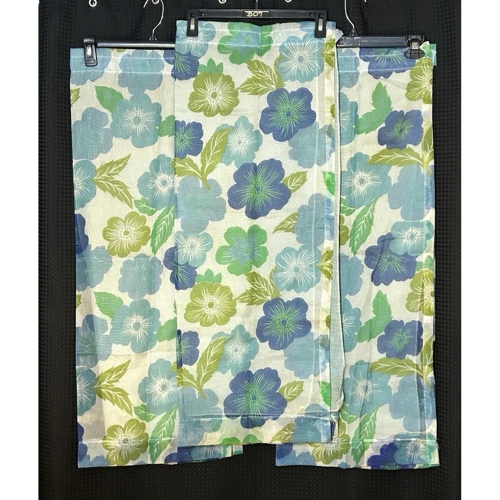 Vintage 70s Floral Sheer Lined Window Curtain Set of 3 Blue Green Mod Floral MCM